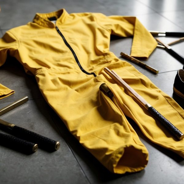 O icônico macacão amarelo de Bruce Lee está amassado no chão, cercado por nunchakus espalhados e um par de tênis desgastados.