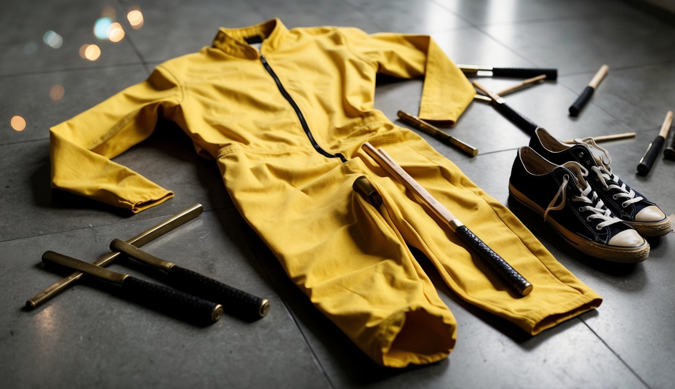 O icônico macacão amarelo de Bruce Lee está amassado no chão, cercado por nunchakus espalhados e um par de tênis desgastados.
