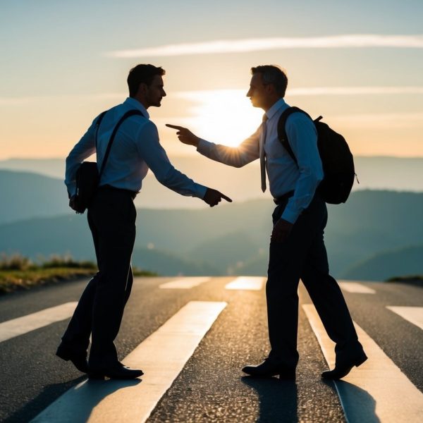 Duas figuras se encontram em uma encruzilhada, uma apontando para frente e a outra olhando para trás. O sol poente projeta longas sombras no chão.