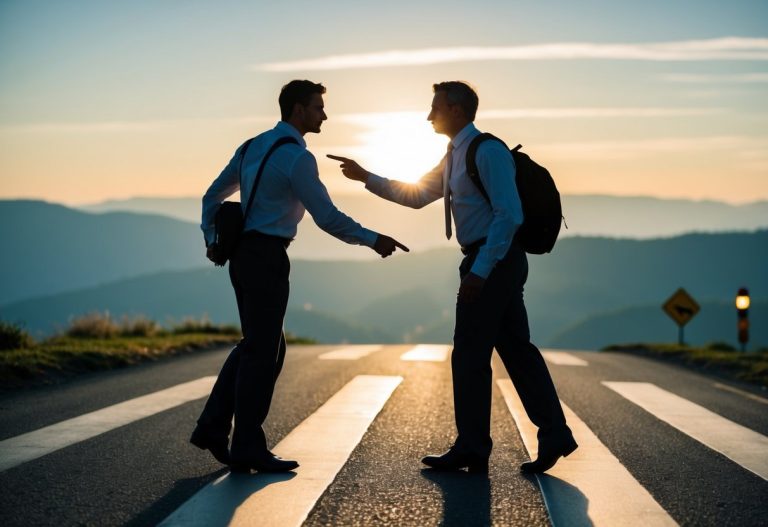 Duas figuras se encontram em uma encruzilhada, uma apontando para frente e a outra olhando para trás. O sol poente projeta longas sombras no chão.