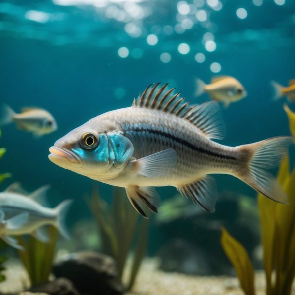 Um peixe pirarucu nadando em águas turvas, cercado por plantas aquáticas e outros peixes.
