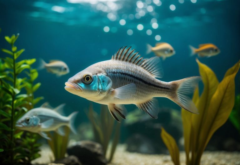 Um peixe pirarucu nadando em águas turvas, cercado por plantas aquáticas e outros peixes.