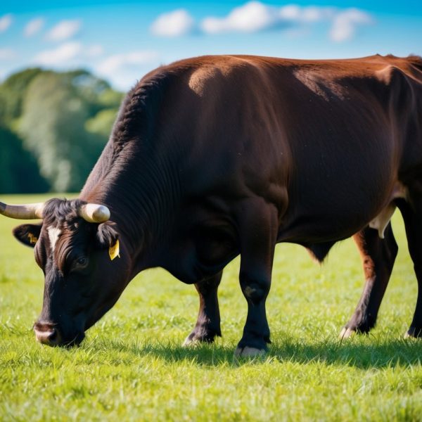 Um sonho de carne: um touro pastando em um pasto verdejante sob um céu azul e brilhante