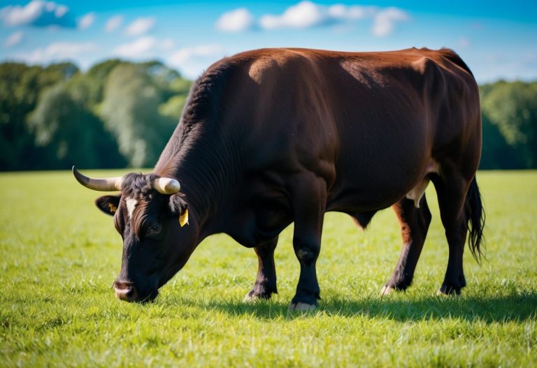 Um sonho de carne: um touro pastando em um pasto verdejante sob um céu azul e brilhante