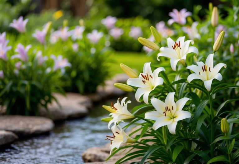 Um jardim sereno com lírios em flor e um riacho suave, simbolizando paz e alegria, poderia ilustrar o significado bíblico do nome Letícia.