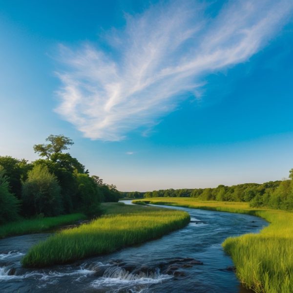 Uma paisagem serena com um rio fluente, vegetação exuberante e um céu azul claro, evocando uma sensação de paz e espiritualidade.