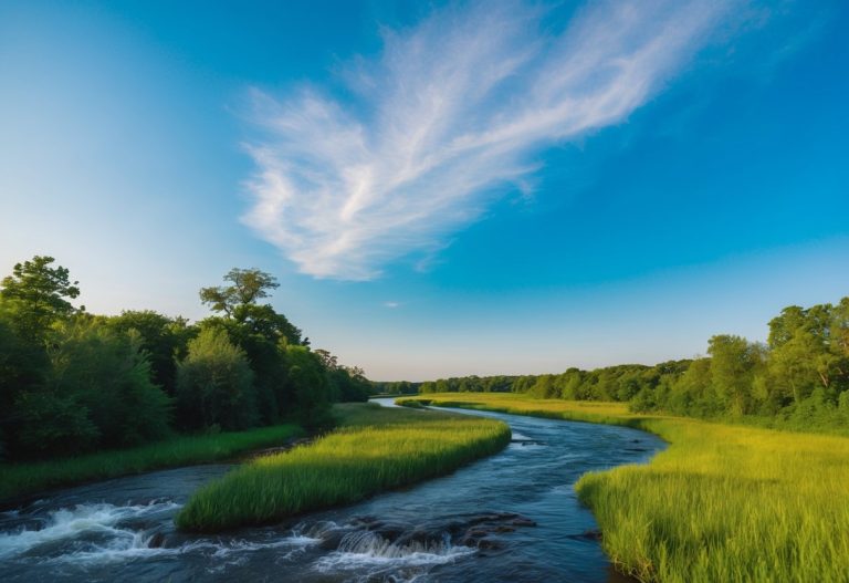 Uma paisagem serena com um rio fluente, vegetação exuberante e um céu azul claro, evocando uma sensação de paz e espiritualidade.