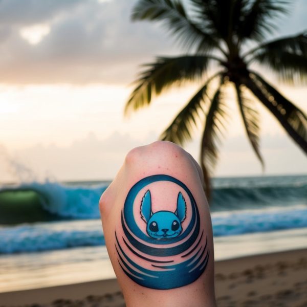 Tatuagem de Stitch em uma praia, com ondas quebrando ao fundo e uma palmeira balançando ao vento