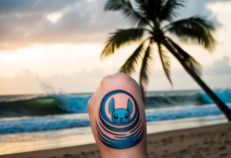Tatuagem de Stitch em uma praia, com ondas quebrando ao fundo e uma palmeira balançando ao vento