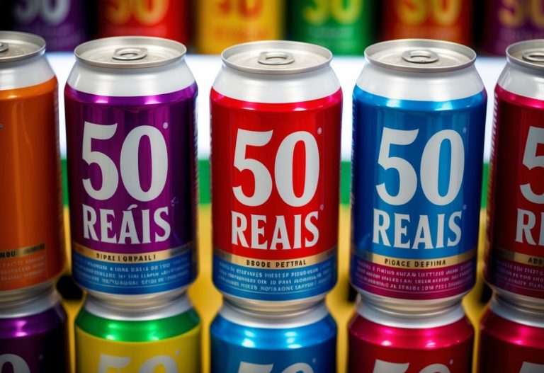 Várias latas de 50 reais dispostas em uma exibição colorida