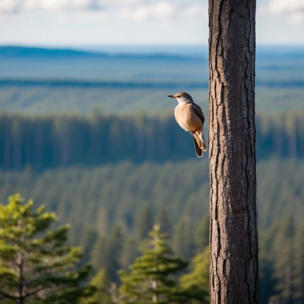 Um pássaro empoleirado no topo de uma árvore alta, observando uma vasta floresta