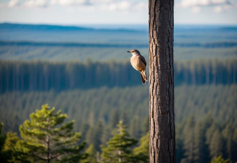 Um pássaro empoleirado no topo de uma árvore alta, observando uma vasta floresta