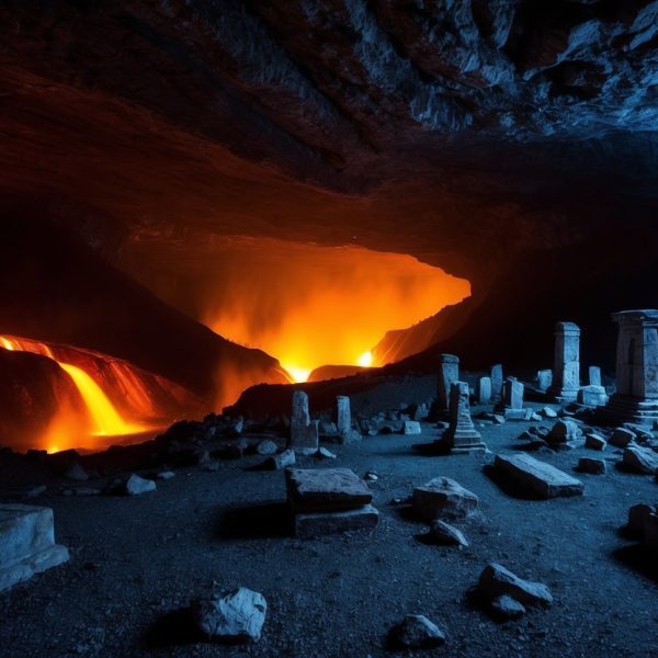 Uma caverna subterrânea profunda e escura com fluxos de lava brilhantes e ruínas antigas espalhadas, onde o elusivo netherite pode ser encontrado.