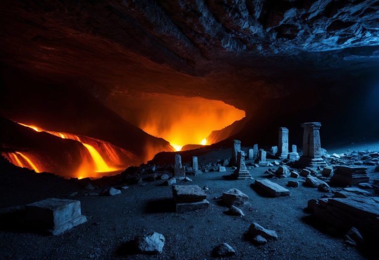 Uma caverna subterrânea profunda e escura com fluxos de lava brilhantes e ruínas antigas espalhadas, onde o elusivo netherite pode ser encontrado.