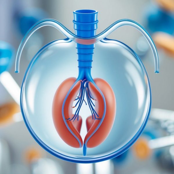 Um piloro claro e aberto em uma ilustração médica, com estruturas anatômicas circundantes