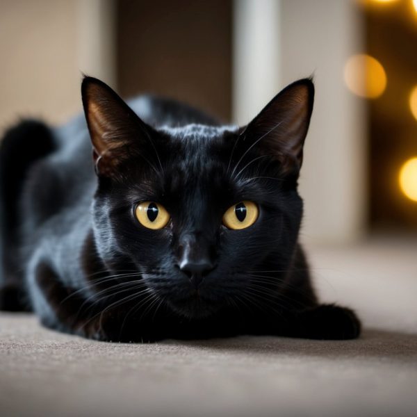 Um gato preto com olhos amarelos penetrantes em uma sala mal iluminada