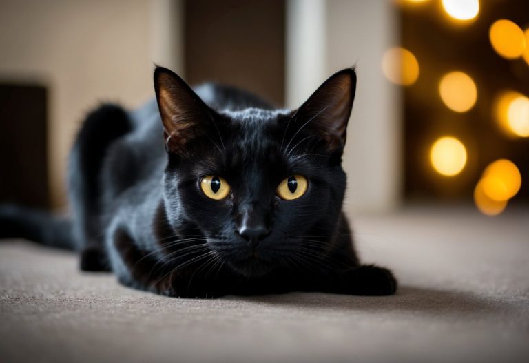 Um gato preto com olhos amarelos penetrantes em uma sala mal iluminada