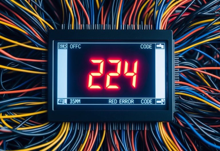Uma rede emaranhada de fios e circuitos interconectados, com um código de erro vermelho piscando 224 exibido em uma tela digital.