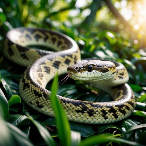 Uma cobra enorme desliza por uma densa selva, suas escamas brilhando ao sol enquanto se contorce pela folhagem.