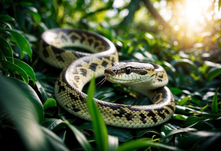 Uma cobra enorme desliza por uma densa selva, suas escamas brilhando ao sol enquanto se contorce pela folhagem.