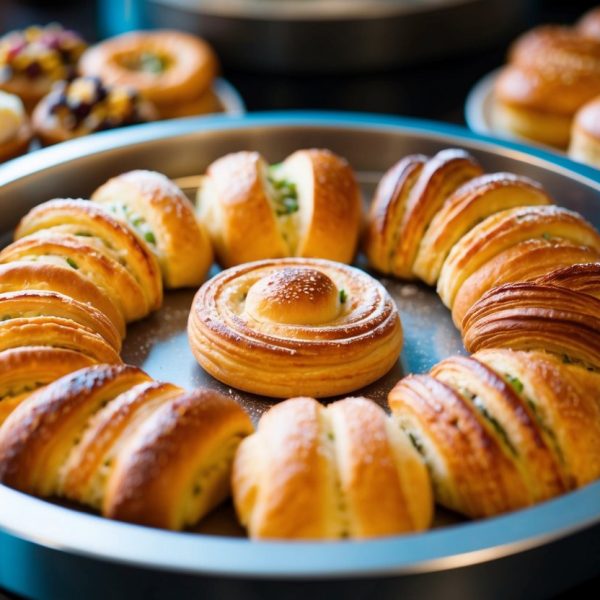 Uma variedade de salgados exibidos em uma bandeja circular, com um foco central em um único e tentador salgado.