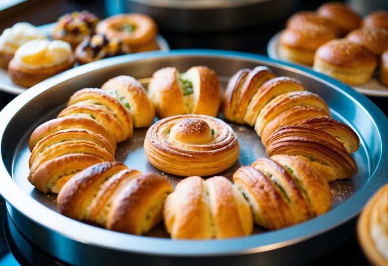 Uma variedade de salgados exibidos em uma bandeja circular, com um foco central em um único e tentador salgado.