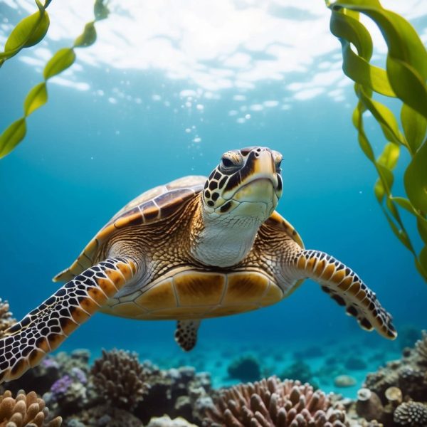 Uma tartaruga sonhadora flutuando em um mundo subaquático sereno, entre corais coloridos e algas marinhas balançando suavemente.