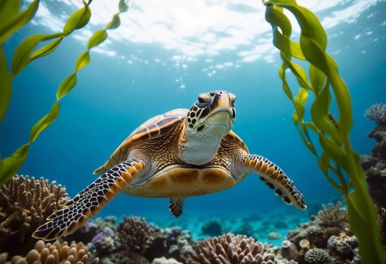 Uma tartaruga sonhadora flutuando em um mundo subaquático sereno, entre corais coloridos e algas marinhas balançando suavemente.