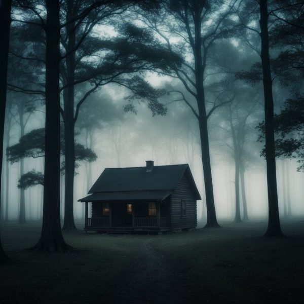Uma floresta escura com uma cabana solitária, cercada por uma névoa sinistra e árvores imponentes, criando uma sensação de isolamento e mistério.