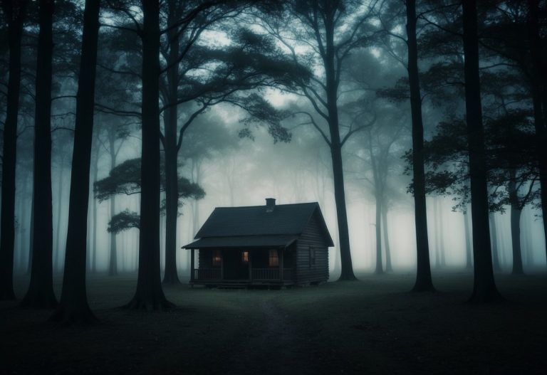 Uma floresta escura com uma cabana solitária, cercada por uma névoa sinistra e árvores imponentes, criando uma sensação de isolamento e mistério.