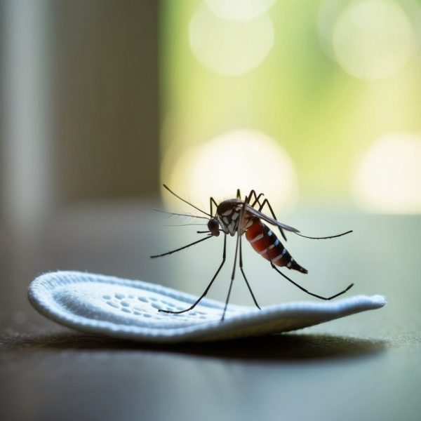 Um mosquito paira perto de um absorvente descartado em uma sala mal iluminada
