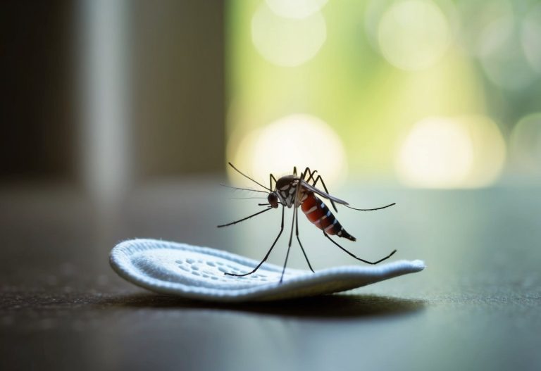 Um mosquito paira perto de um absorvente descartado em uma sala mal iluminada