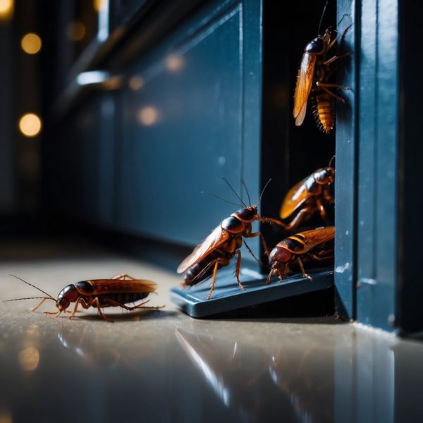 Um sonho de baratas saindo de um canto escuro e úmido em uma cozinha mal iluminada