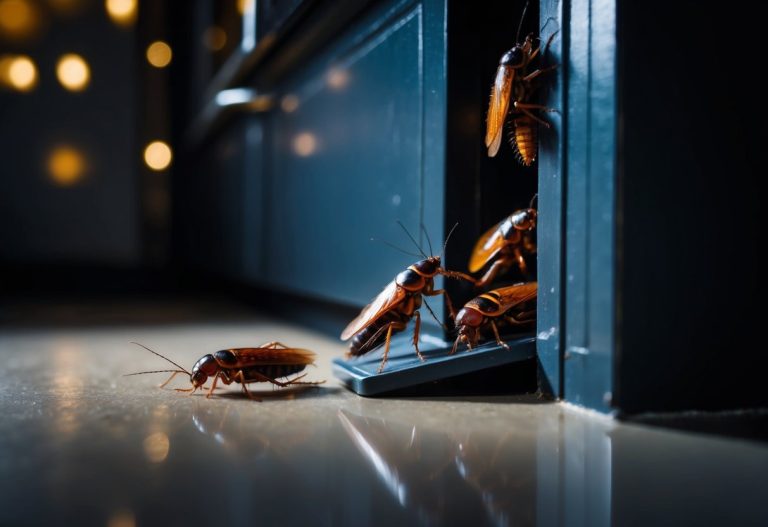 Um sonho de baratas saindo de um canto escuro e úmido em uma cozinha mal iluminada