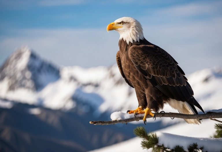 Uma majestosa águia-careca empoleira-se em um galho coberto de neve, seu olhar penetrante fixo na paisagem acidentada do Alasca abaixo.