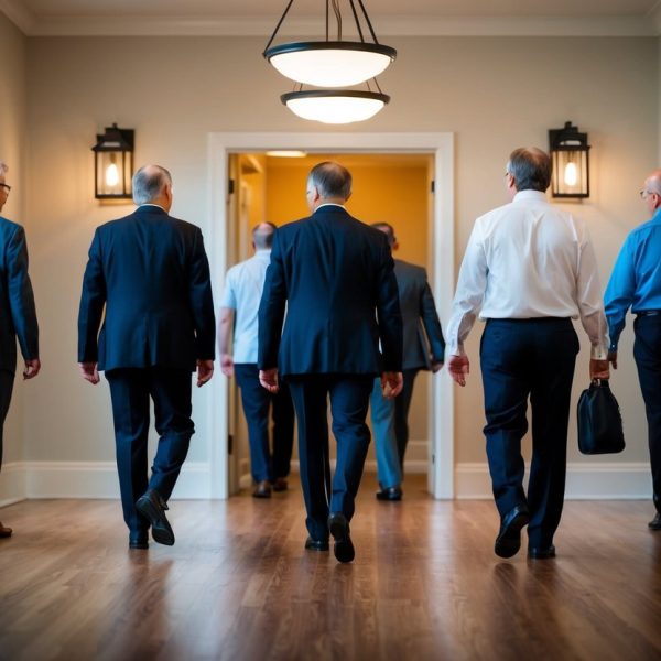 Várias pessoas entram em uma sala, enquanto outras entrarão mais tarde.