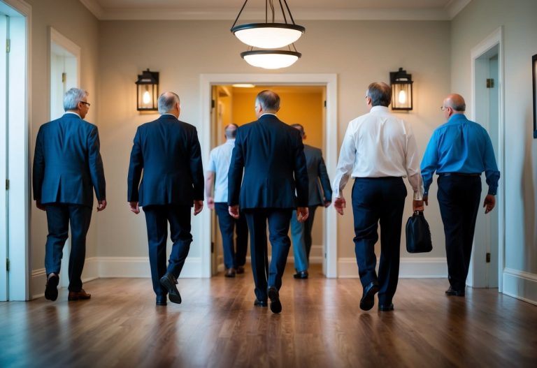 Várias pessoas entram em uma sala, enquanto outras entrarão mais tarde.