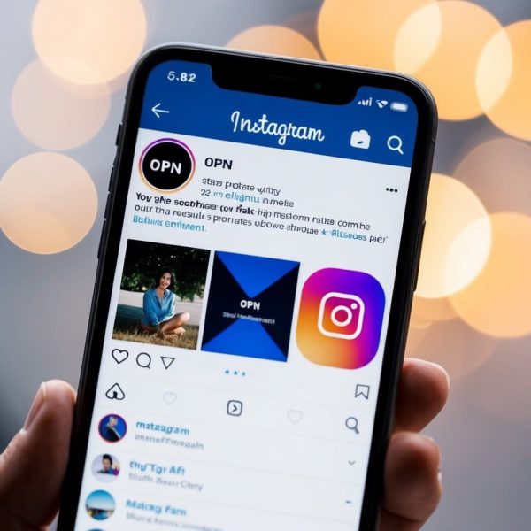 Um smartphone exibindo o aplicativo Instagram com a página do perfil aberta, destacando o nome de usuário "OPN" e o conteúdo associado.