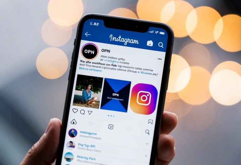 Um smartphone exibindo o aplicativo Instagram com a página do perfil aberta, destacando o nome de usuário "OPN" e o conteúdo associado.