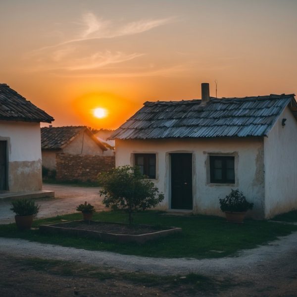Uma pequena vila pacífica com uma atmosfera sombria. Uma casa simples e rústica com um pequeno jardim na frente. O sol se pondo ao fundo, lançando um brilho quente sobre a cena.