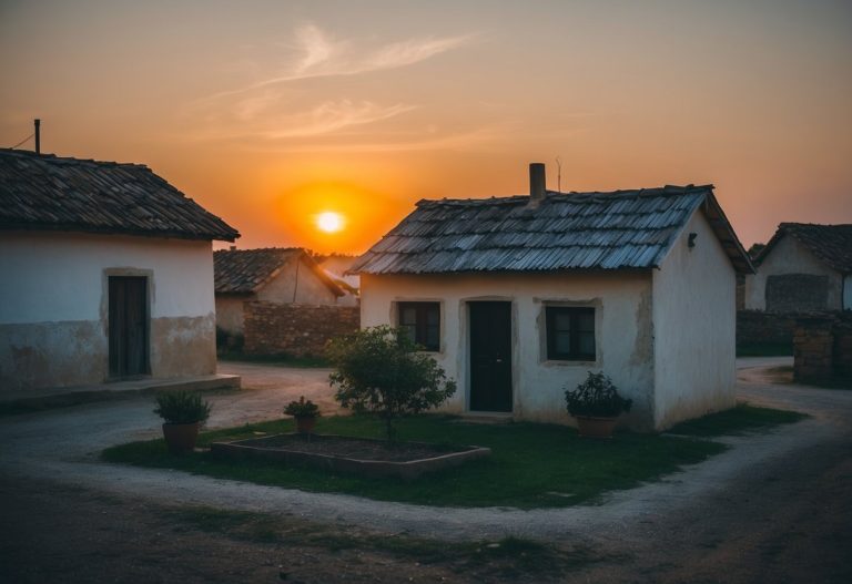 Uma pequena vila pacífica com uma atmosfera sombria. Uma casa simples e rústica com um pequeno jardim na frente. O sol se pondo ao fundo, lançando um brilho quente sobre a cena.
