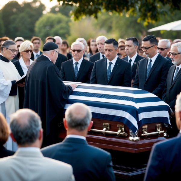 Uma cena fúnebre sombria com um caixão coberto cercado por enlutados e um padre conduzindo um serviço