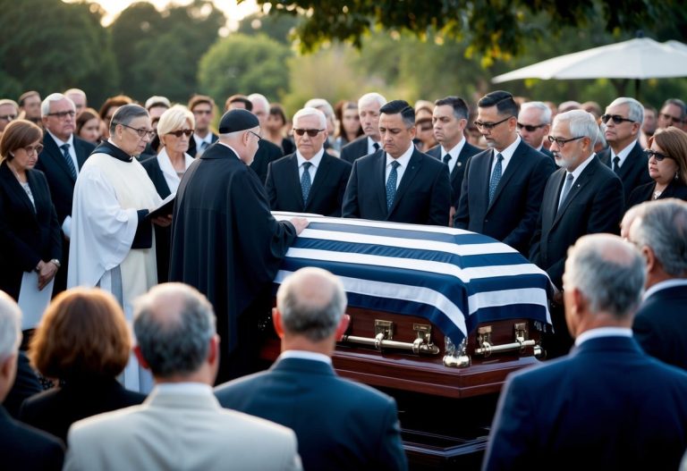 Uma cena fúnebre sombria com um caixão coberto cercado por enlutados e um padre conduzindo um serviço