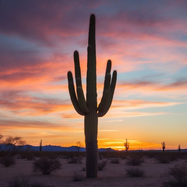 Um cacto solitário erguendo-se em um deserto árido, com um pôr do sol vibrante lançando um brilho sobrenatural sobre a paisagem