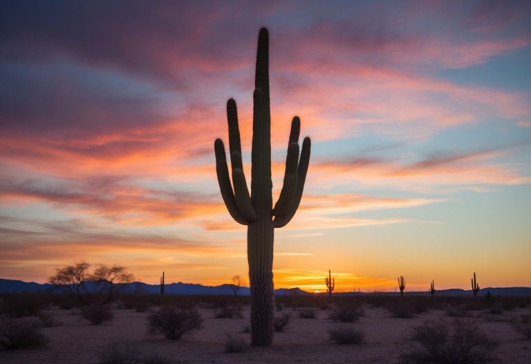 Um cacto solitário erguendo-se em um deserto árido, com um pôr do sol vibrante lançando um brilho sobrenatural sobre a paisagem
