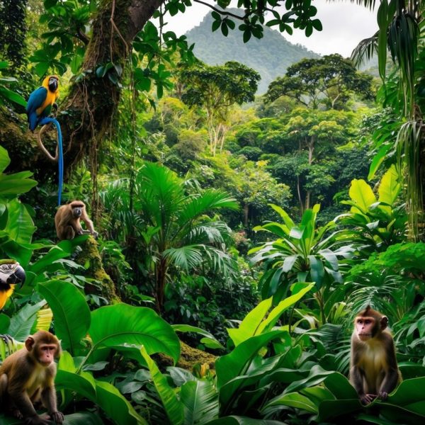 Uma floresta tropical brasileira exuberante com pássaros coloridos, macacos e uma variedade de plantas exóticas, mas sem leões à vista.