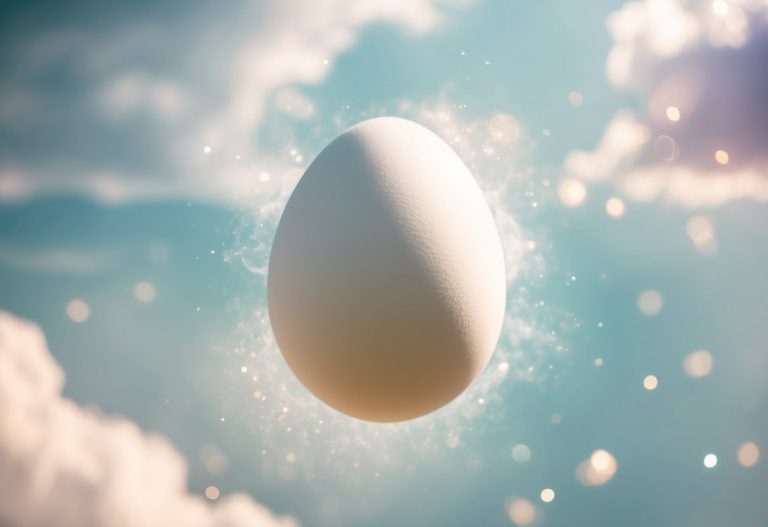Um ovo branco flutuando em uma atmosfera onírica e etérea, cercado por nuvens suaves e coloridas em tons pastéis e luz cintilante.