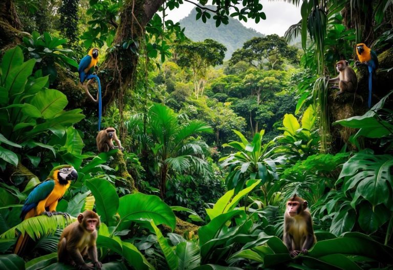 Uma floresta tropical brasileira exuberante com pássaros coloridos, macacos e uma variedade de plantas exóticas, mas sem leões à vista.