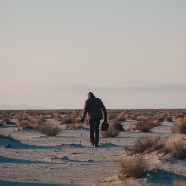 Uma paisagem desolada com uma figura solitária procurando por algo, cercada por terra seca e árida e uma sensação de isolamento.