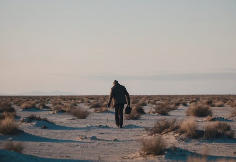 Uma paisagem desolada com uma figura solitária procurando por algo, cercada por terra seca e árida e uma sensação de isolamento.